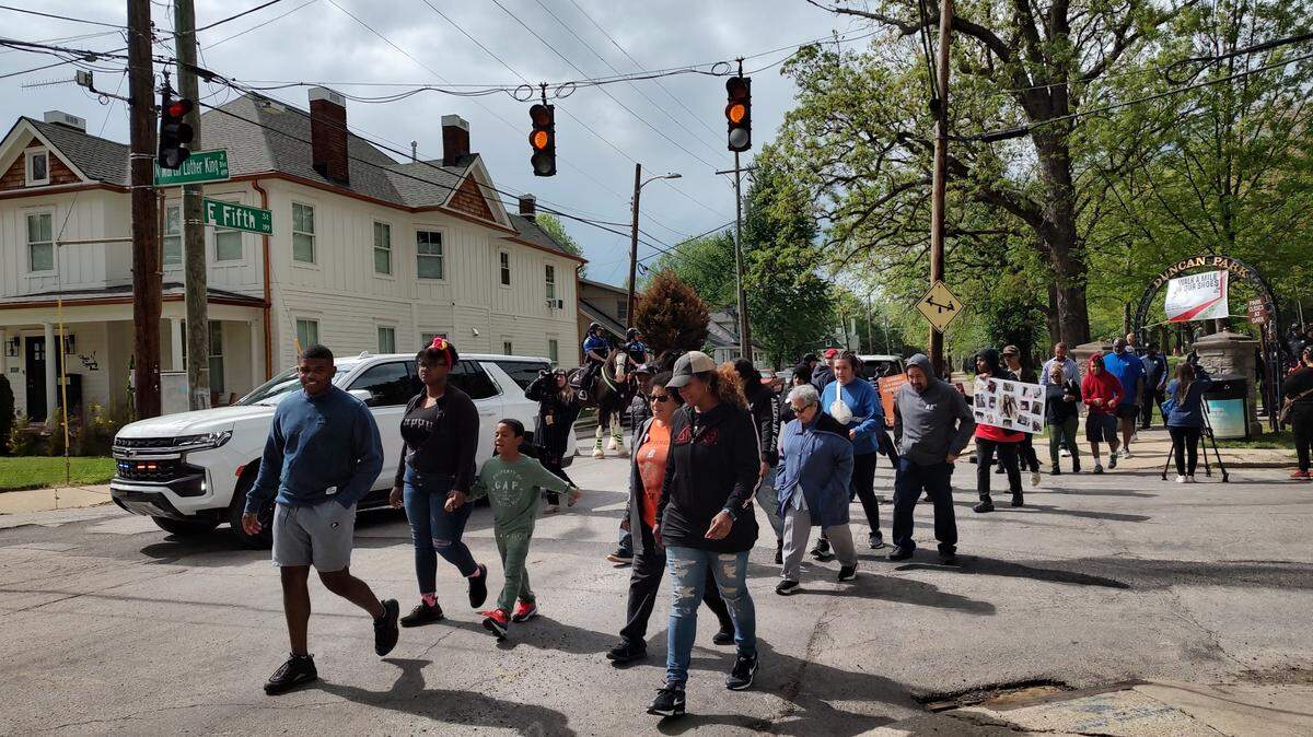 Family members of Anita Franklin and Antonio Franklin led the Antonio Franklin Jr. Violence Intervention Project Peace Walk Saturday, April 22, 2023, at Duncan Park. Anita Franklin, who died in 2020, started hosting peace walks soon after her son Antonio died in a 2014 shooting at the park.