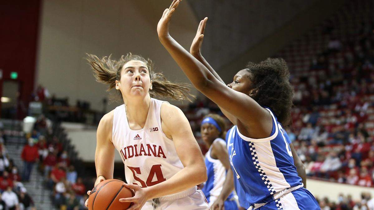 Indiana’s Mackenzie Holmes (54) scored 29 points in an 88-67 win against Kentucky on Sunday, Nov. 14, 2021, in Bloomington, Ind.