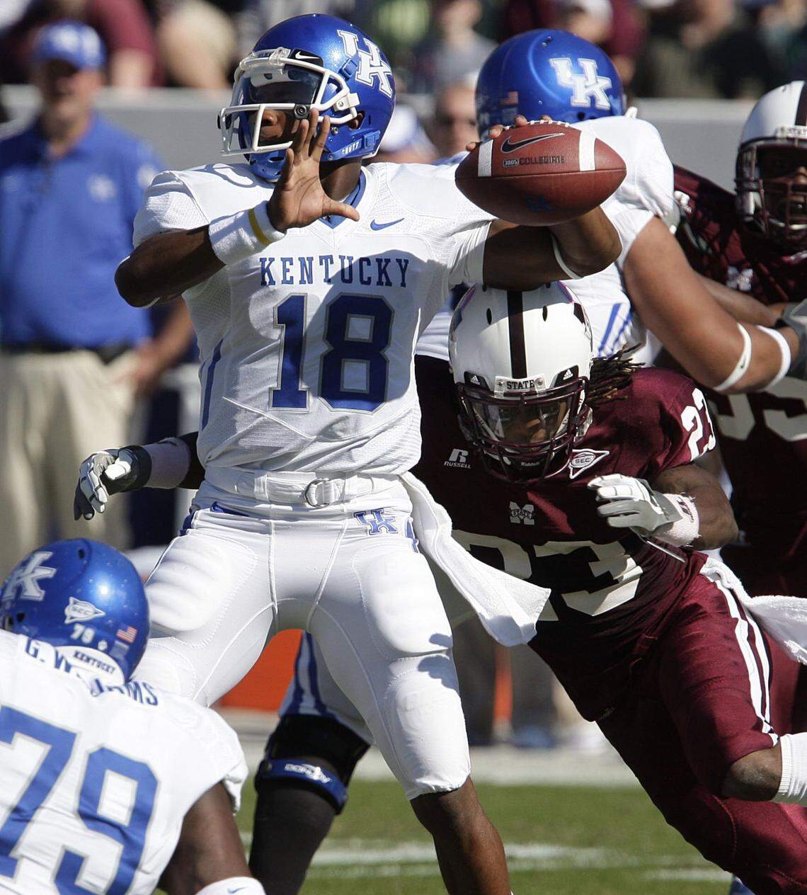 Kentucky has not beaten Mississippi State in Starkville since 2008, when then-UK freshman Randall Cobb (18) made his first career start at quarterback and threw for one touchdown and ran for one to help the Wildcats to a 14-13 win at Davis Wade Stadium.