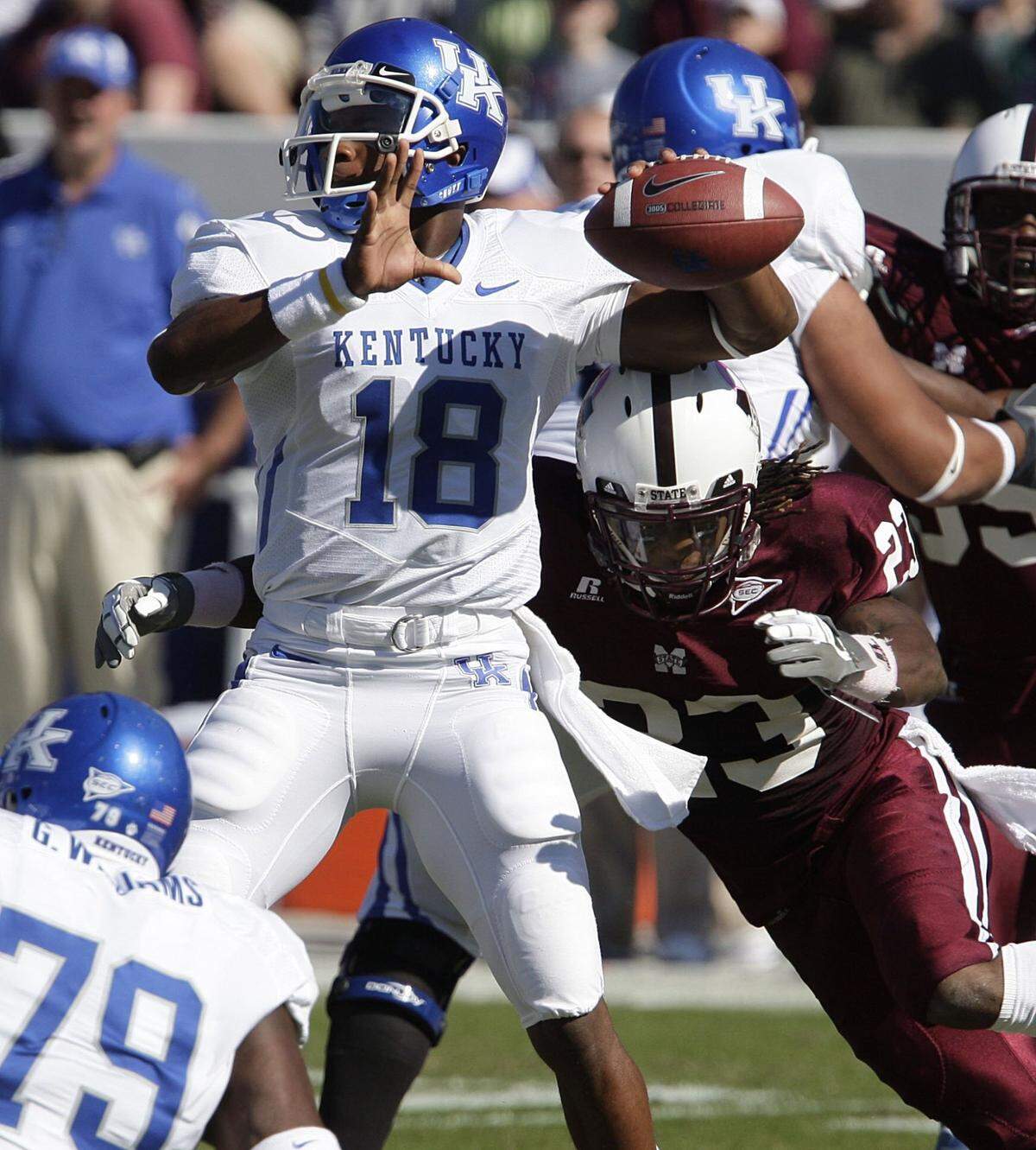 Kentucky quarterback Randall Cobb directed the Wildcats to a 14-13 win at Mississippi State in 2008. The Cats have not won at Davis Wade Stadium since.