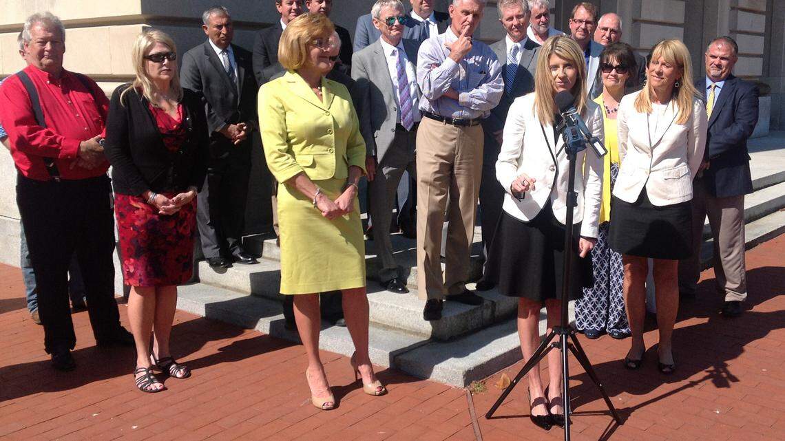 T.J. Comer, wife of Republican gubernatorial candidate James Comer, thanks supporters at a Capitol news conference.