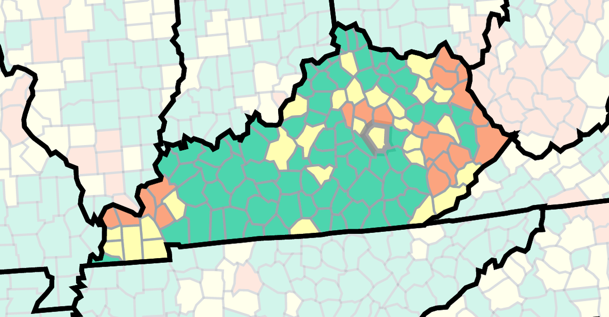 This U.S. Centers for Disease Control and Prevention map shows COVID-19 community levels in Kentucky as of Friday, June 10.