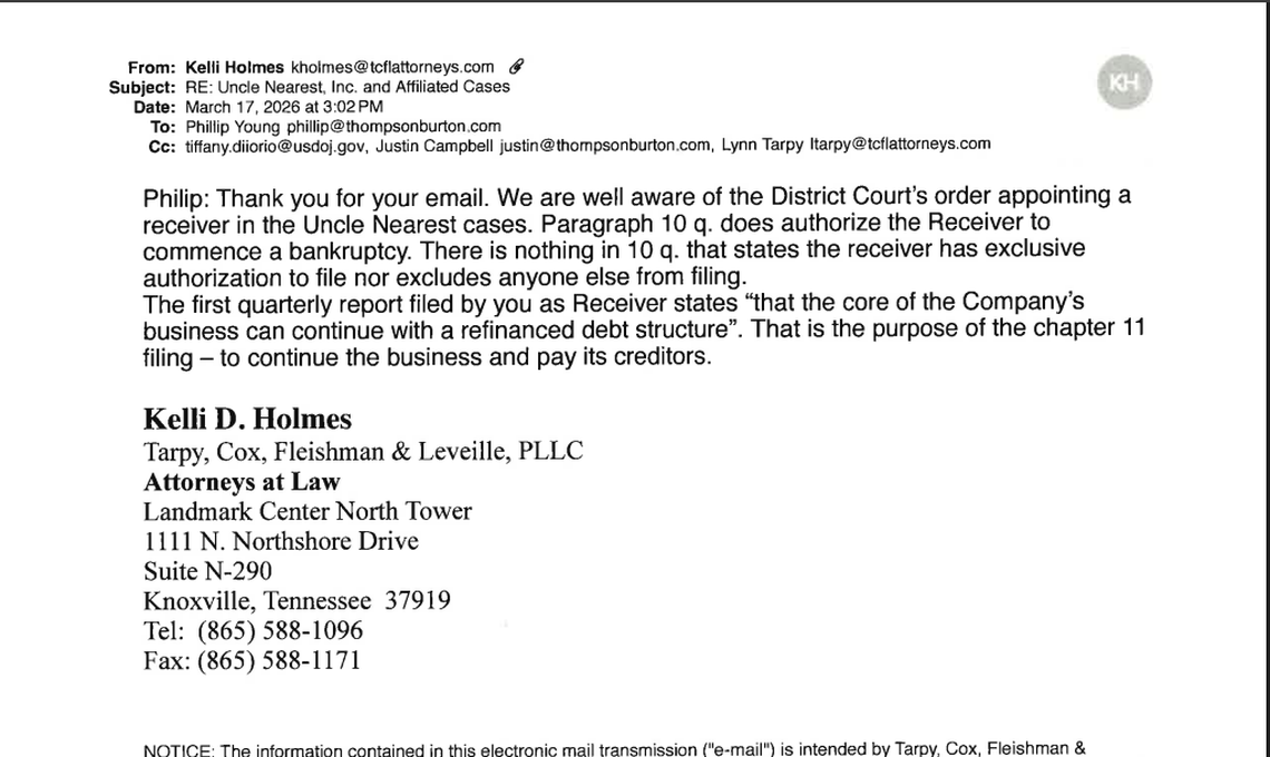Email response from Fawn Weaver’s bankruptcy counsel to the receiver.