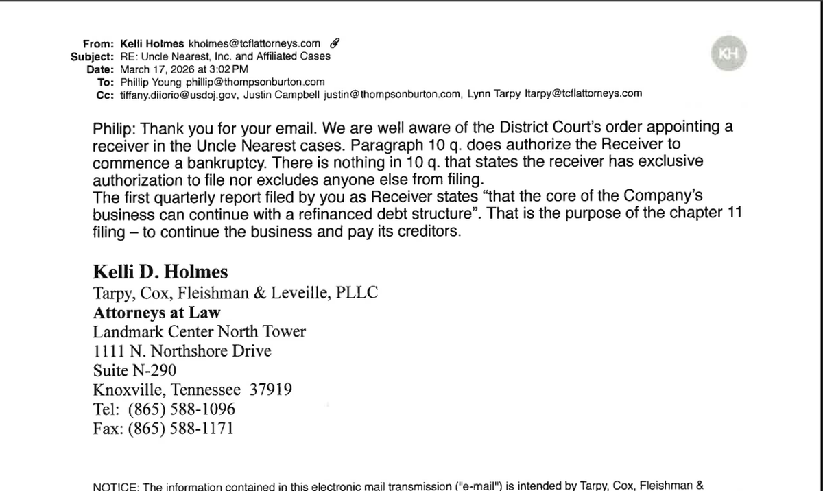 Email response from Fawn Weaver’s bankruptcy counsel to the receiver.