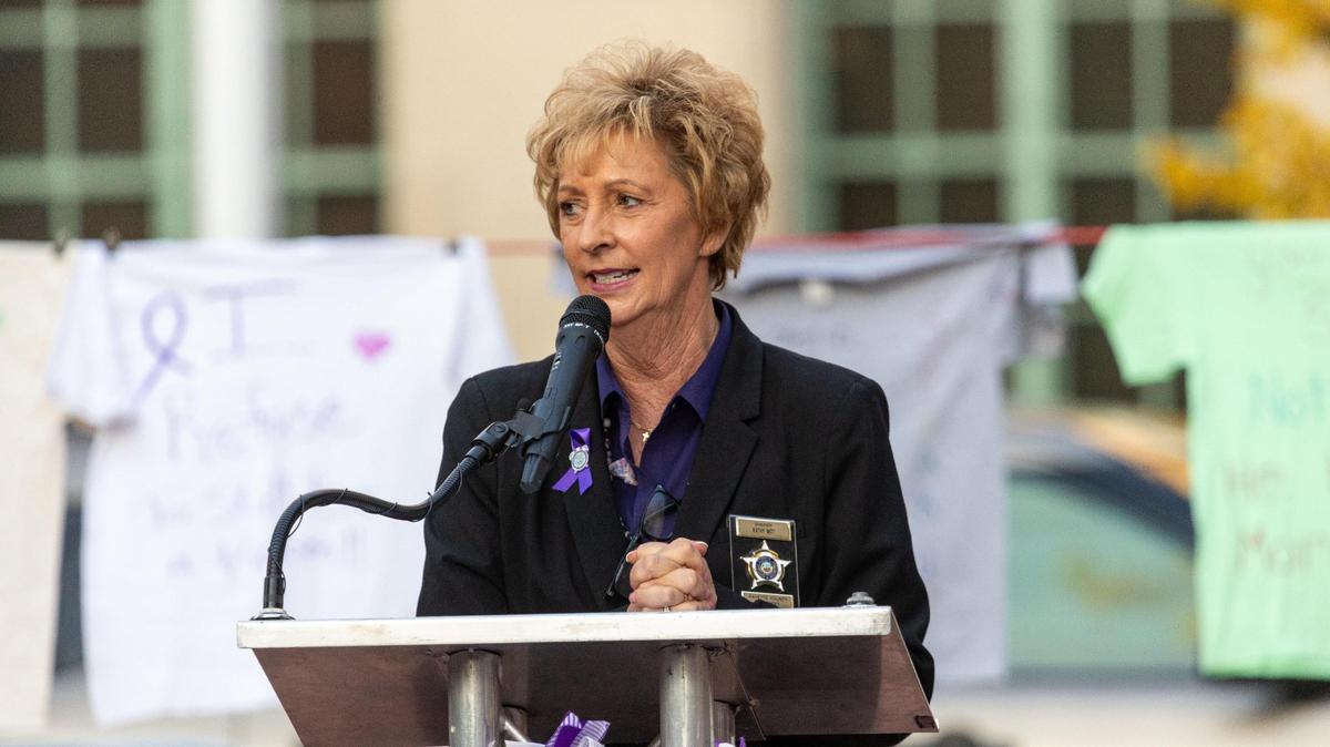 Fayette County Sheriff Kathy Whitt spoke at the 7th annual “Rise Up” domestic violence survivor’s tribute event at the Robert F. Stephens Courthouse Plaza on North Limestone. Witt encouraged people to support victims and for victims to seek local resources for protections.