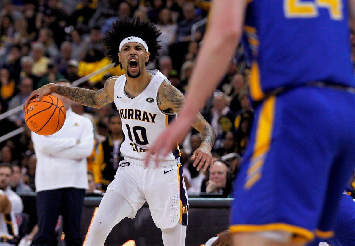 Murray State’s Tevin Brown calls out to teammates during the team’s OVC Tournament championship game victory against. Morehead State on March 5 in Evansville, Ind.