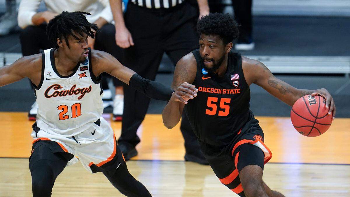 Oregon State guard Tariq Silver (55) and the Beavers have advanced to the men’s NCAA Tournament round of 16. It is OSU’s first trip to the sweet 16 since 1982.