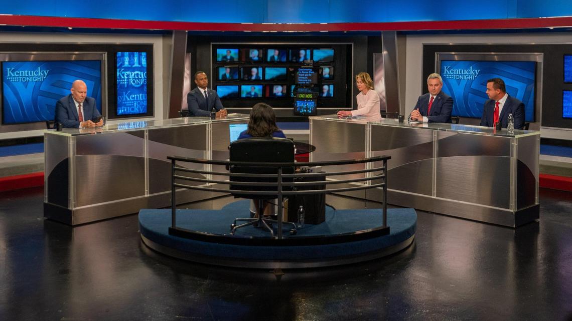 Eric Deters , Daniel Cameron, Kelly Craft, Ryan Quarles, Alan Keck at the Governor (Republican) debate at KET on Monday May 1, 2023 in Lexington, Ky.
