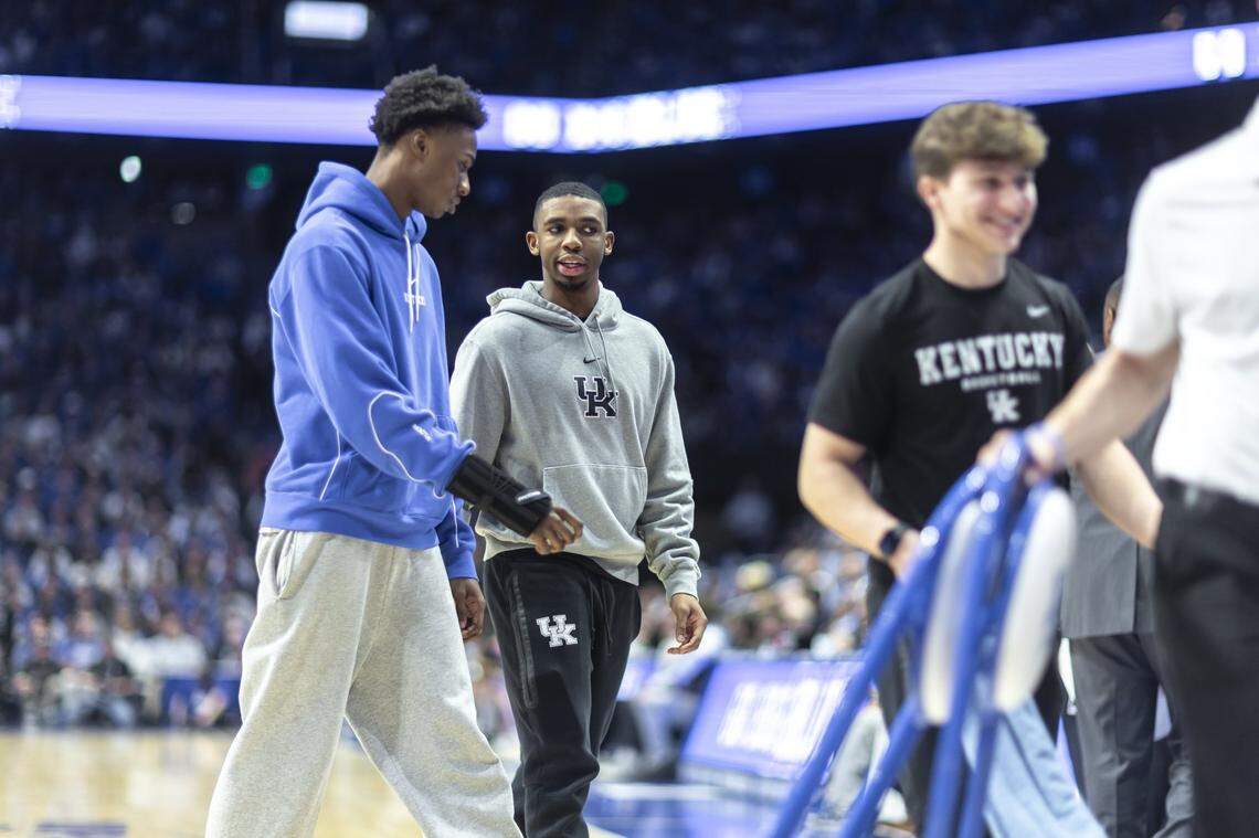 Jaxson Robinson, left, has been sidelined with a wrist injury, and Lamont Butler injured his left shoulder last month.