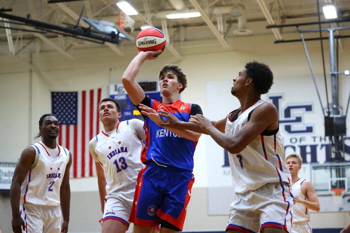 Kentucky senior all-star Jake Feldhaus (1) shoots the ball during the Kentucky-Indiana High School All-Star Classic on Friday, June 5, 2026, at Lexington Catholic High School in Lexington, Kentucky. Photos available for purchase via ToniaWittPhoto.com.