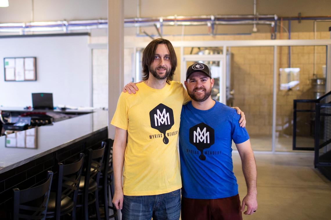 Douglas Price and Derek DeFranco are two of the owners of Myriad Meadery. DeFranco also is a co-owner of Mirror Twin Brewing, where Price also works, across the road on National Avenue.
