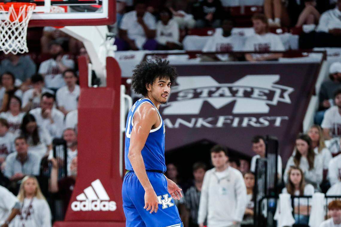 Kentucky forward Jacob Toppin (0) celebrates hitting a three against Mississippi State during the first half of Wednesday’s game at Humphrey Coliseum in Starkville, Miss.
