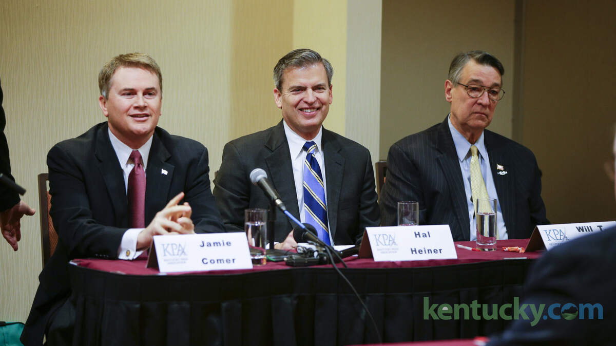  GOP candidates, from left,  James Comer, Hal Heiner and Will T. Scott,  plus Democrat Geoff Young, not pictured took part in a Gubernatorial Forum, moderated by Al Cross, Institute for Rural Journalism and Community Issues  on Friday January 23, 2015 in Louisville, Ky. Photo by Mark Cornelison | Staff