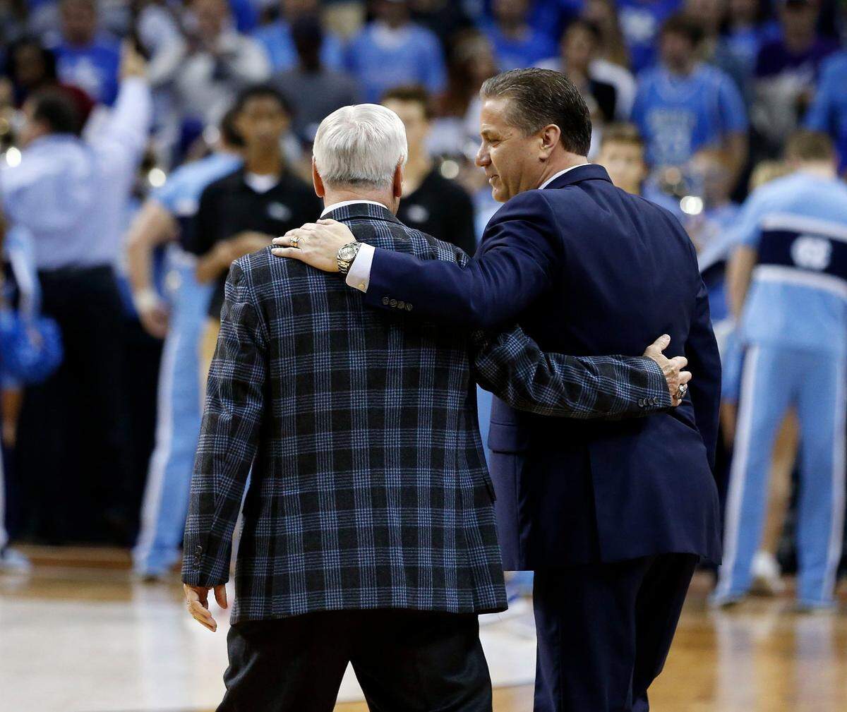 North Carolina Tar Heels head coach Roy Williams and Kentucky Wildcats head coach John Calipari walked together before the University of Kentucky played the University of North Carolina in the championship game of the NCAA South Region at FedExForum in Memphis in 2017.