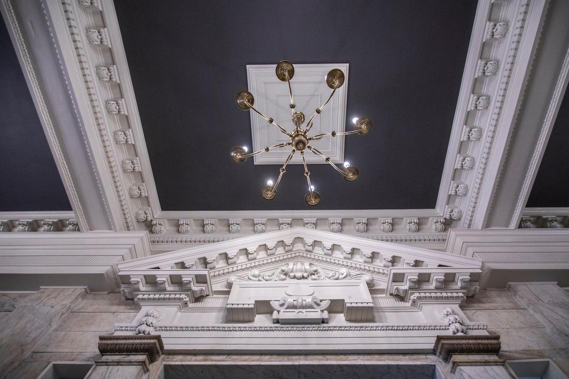 Marble and crown molding are some of the features that adorn the lobby of the 115-year-old Security Trust building at 271 West Short St.