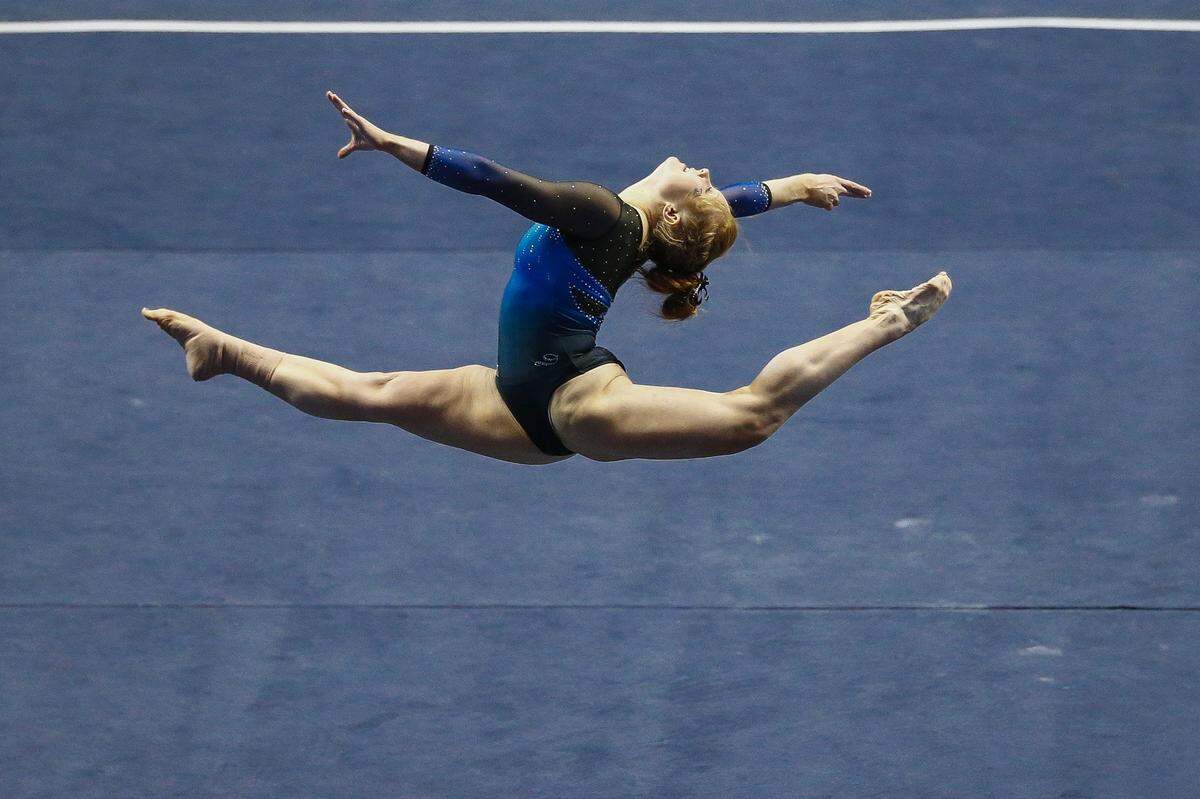 Kentucky’s Sidney Dukes performed her floor routine during Excite Night at Rupp Arena last year. Dukes shared the floor title in the SEC Championships in 2018.