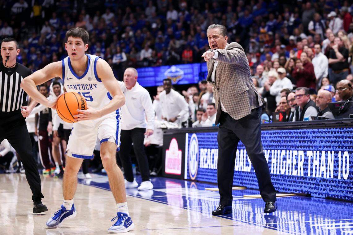 The futures of Reed Sheppard, left, and John Calipari are both up in the air heading into this Kentucky basketball offseason.