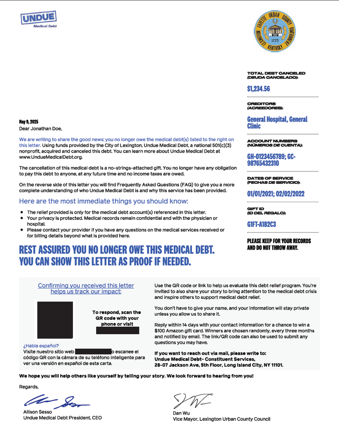 A sample version of the letter Lexington residents will receive if their debt has been cancelled by LFUCG and Undue Medical Debt.