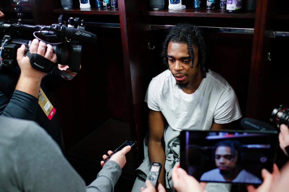 Antonio Reeves answers questions from reporters after going 1-for-15 from the field in Kentucky’s season-ending loss to Kansas State in the NCAA Tournament last year.