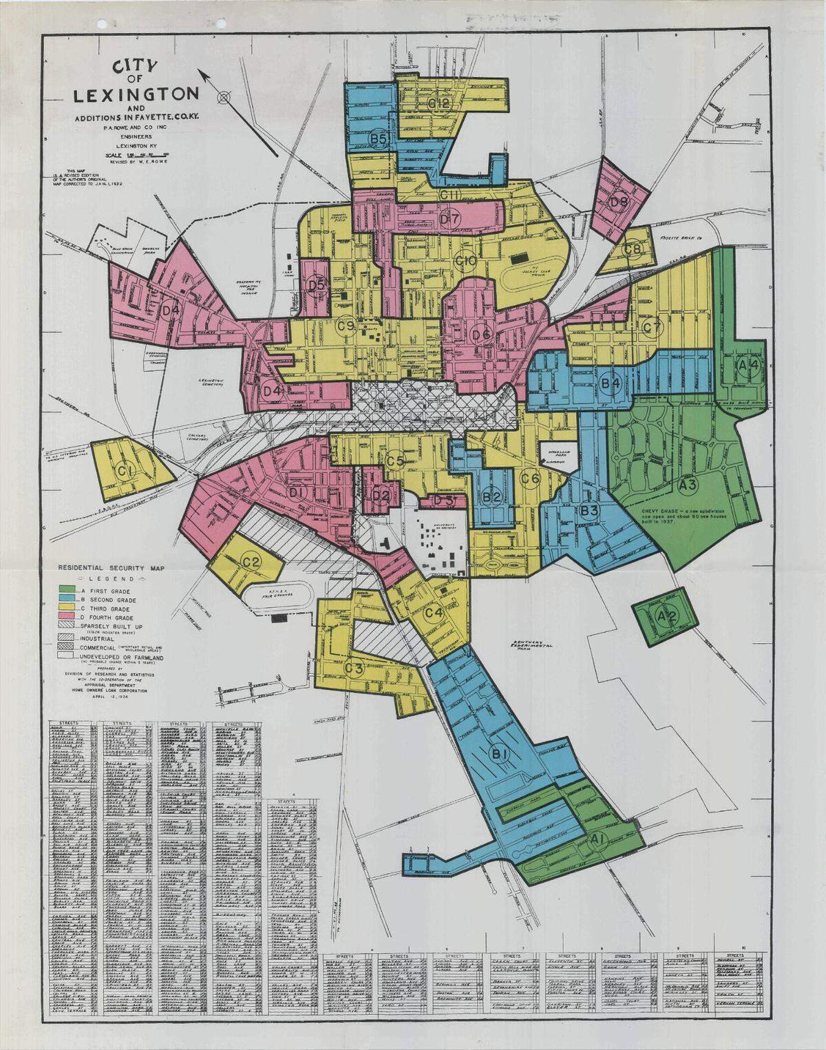 This 1938 map of Lexington, made by the Home Owners Loan Corporation, shows which neighborhoods were considered safe for investing with home refinancing. The Green areas were “Best.” Blue (”B”) was for “Still Desirable.” Yellow (”C”) areas were deemed “Definitely Declining.” Red (”D”) neighborhoods represented “Hazardous” investments. The refusal of the federal government to invest in red neighborhoods created economic and racial segregation still felt today. 