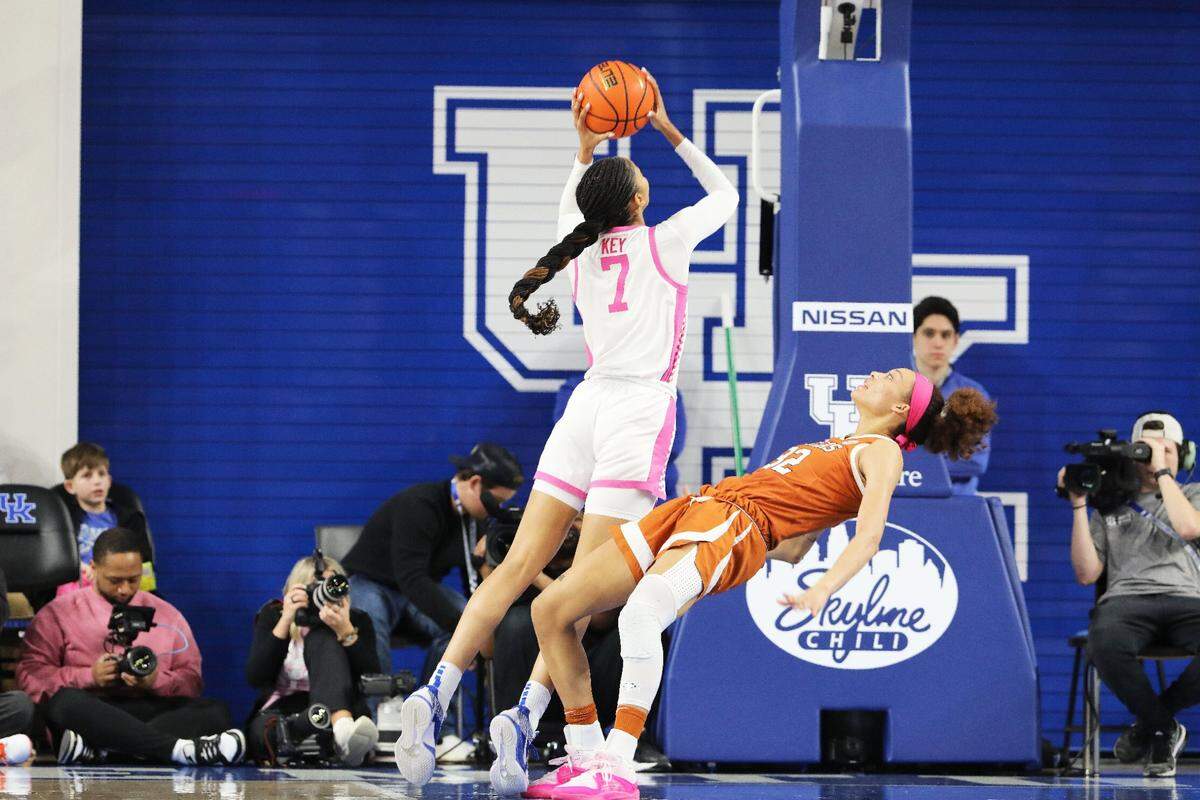 Teonni Key (7) contributed 12 points and 10 rebounds Thursday night but it was not nearly enough against No. 3 Texas in Memorial Coliseum.