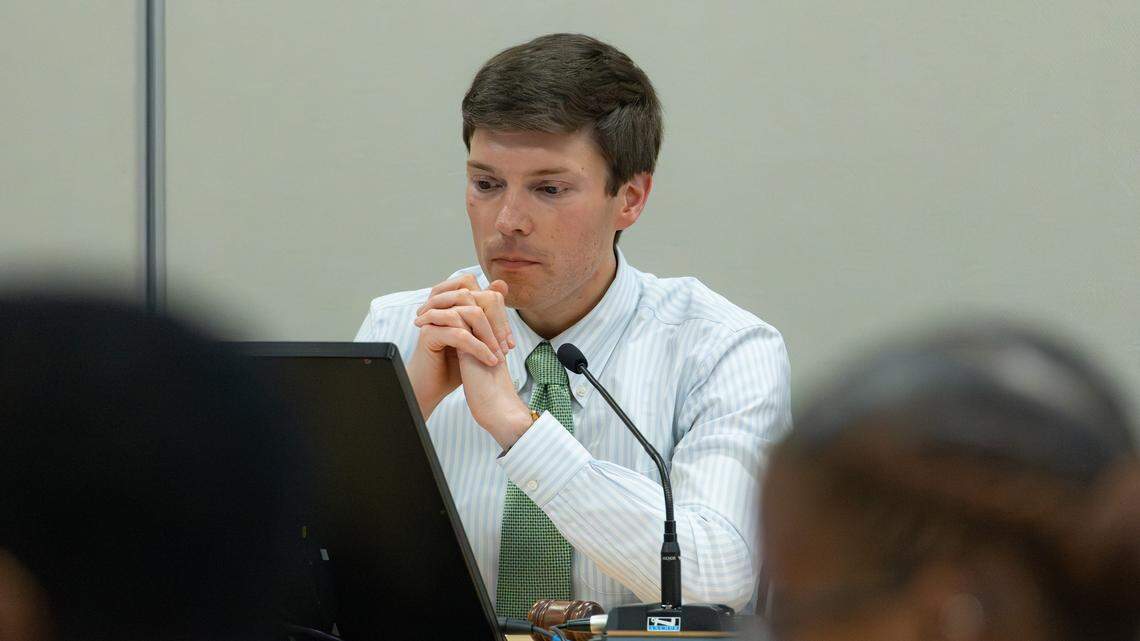 Chair of the Fayette County Board of Education, Tyler Murphy, joins the Fayette County Public Schools (FCPS) board meeting to discuss such topics as raising school breakfast and lunch prices on April 16, 2026, in Lexington, Ky.