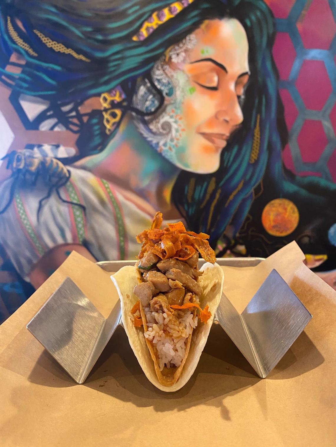 Agave & Rye’s menu includes seasonal “epic” tacos like this new one, The Yoda, made with sweet & spicy chicken, Chef Rob’s Kung Pao Sauce, peanuts, sticky rice and crispy carrots.