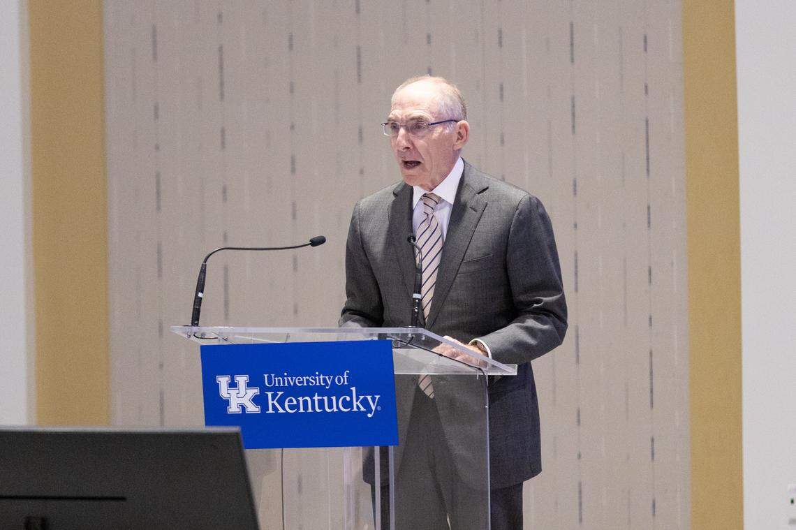 University of Kentucky president Eli Capilouto spoke in support of federal judge Gregory Van Tatenhove's appointment to the dean position at the university's College of Law during a board of trustees meeting in the Gatton Student Center's Harris Ballroom. April 24, 2026.