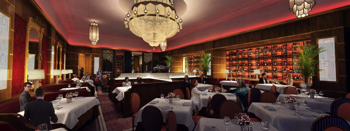 The main dining room of the Jeff Ruby’s Steakhouse in Lexington, in a rendering released by the restaurant. To accommodate antique chandeliers, ceilings had to be raised in some dining areas.