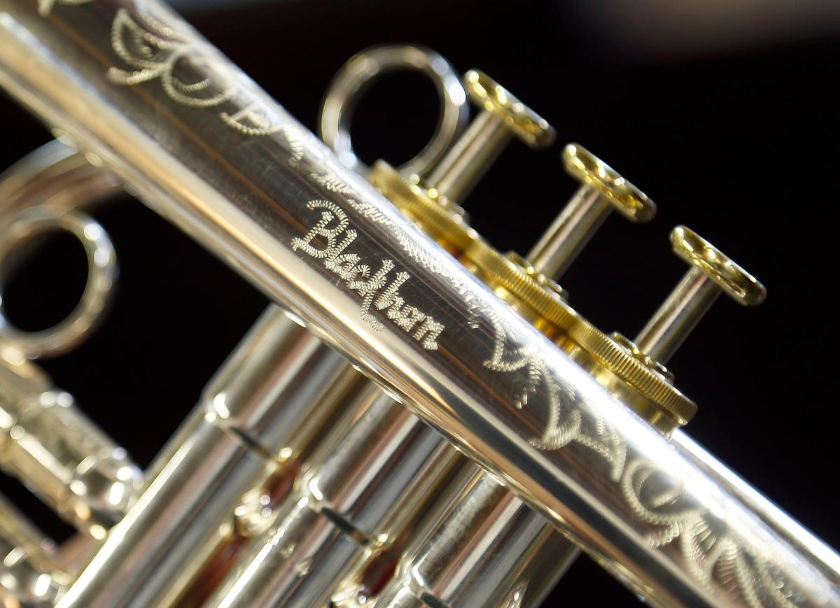 The Blackburn name engraved on a trumpet at Pickett Brass and Blackburn Trumpets, 308 North Ashland Avenue in Lexington. Peter Pickett, a musician who used to be an engineer, owns the company which makes brass instruments and mouthpieces.