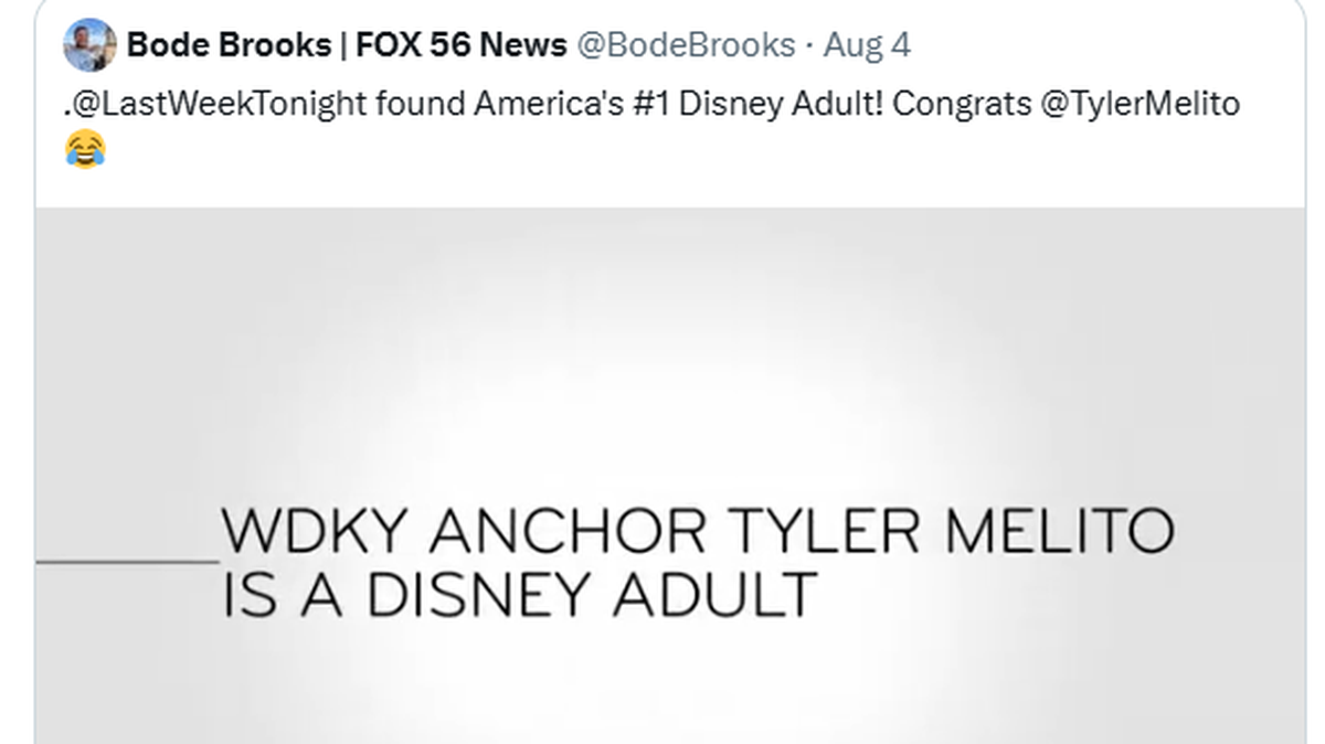 Lexington FOX 56 reporter Tyler Melito was the subject of a recent “And Now This” segment of “Last Week Tonight with John Oliver” for his love of Disney, being crowned a “Disney adult.”