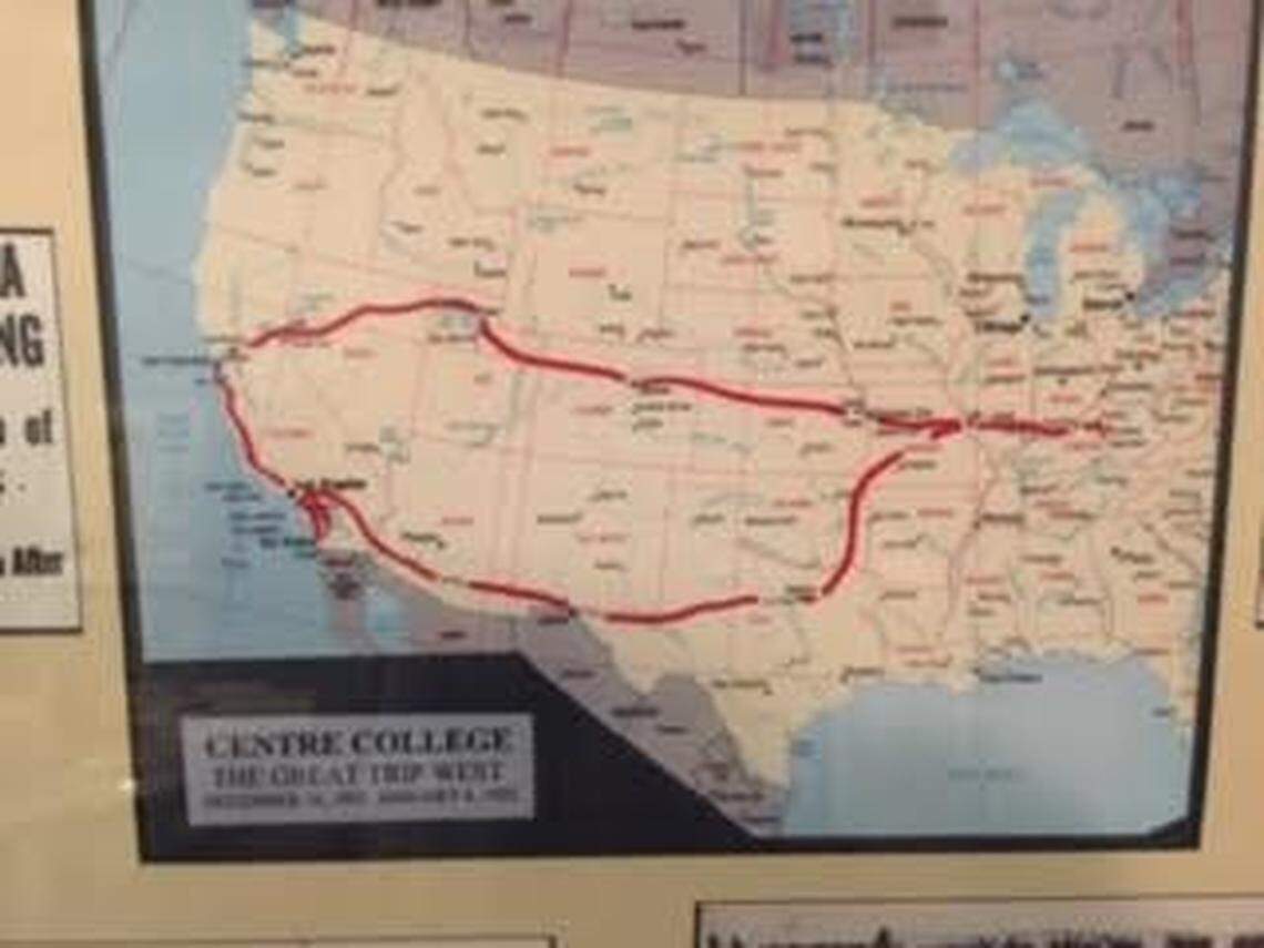 The red line on the map of the United States traced the train travel of the 1921 Centre football team on its trip west to play in two postseason classics, one in San Diego and the other in Dallas.