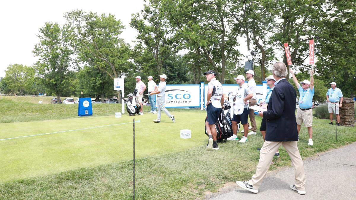 Stephen Stallings Jr. hits his opening drive at Keene Trace Golf Club on Friday. Stallings missed the cut at this year’s ISCO Championship, despite shooting a -7 score after two rounds.