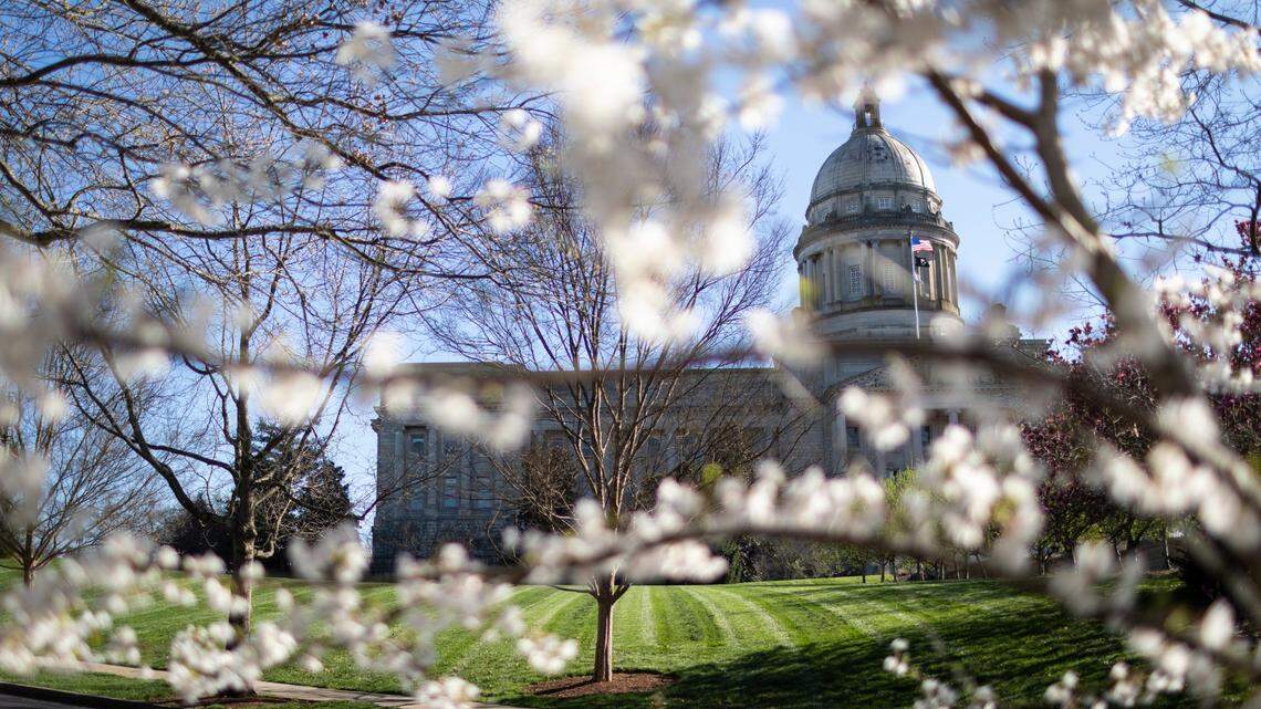 Flowers bloom on the Capitol grounds while the Senate and House meet during the next to last day of the legislative session in Frankfort, Ky., Monday, March 29, 2021.