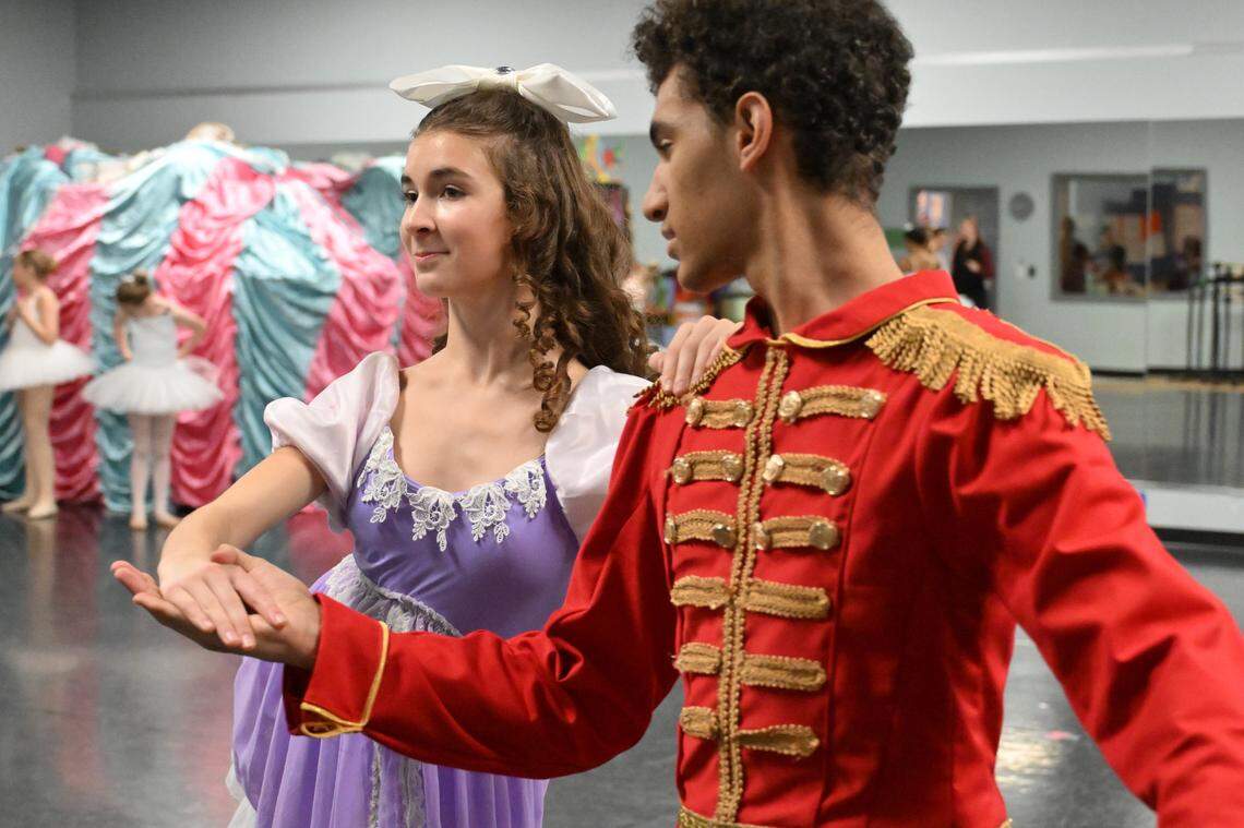 Catherine Soldato is Clara and Noah Klanderud is the Nutcracker in BYB’s “Nutcracker In One Act.” Bluegrass Youth Ballet rehearsed for its 2024 edition of Nutcracker In One Act at its studios on Southland Drive in Lexington, Kentucky on Dec. 14, 2024.
