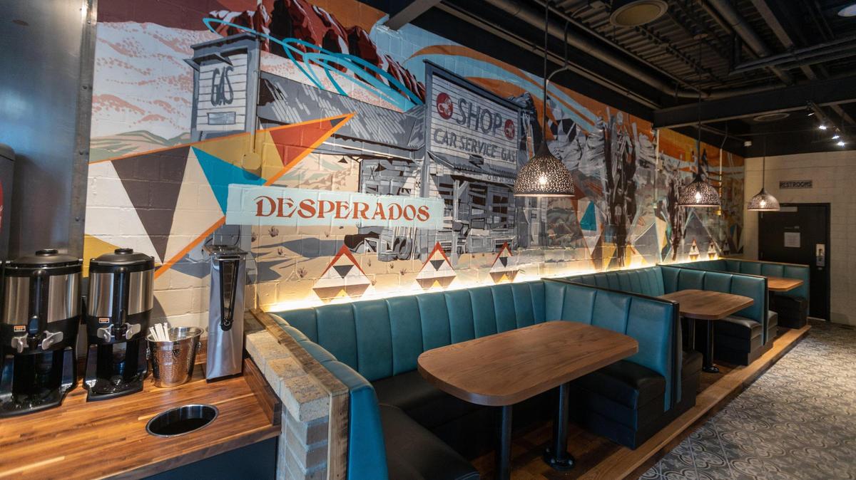 A large themed mural on an entire wall within the Desperados Cantina restaurant on Manchester Street near Goodfellas Pizzeria. It’s owned by the same partnership of Alex Coats and Eric Boggs.