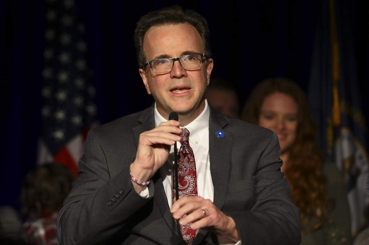 Mike Harmon speaks to supporters at the Republican Election Night Party in Louisville, Ky., after being reelected Kentucky State Auditor on Tuesday, Nov. 5, 2019.