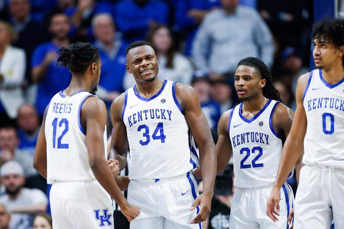 Kentucky’s Oscar Tshiebwe (34) reacts after being called for a foul against Kansas during Saturday’s game at Rupp Arena.