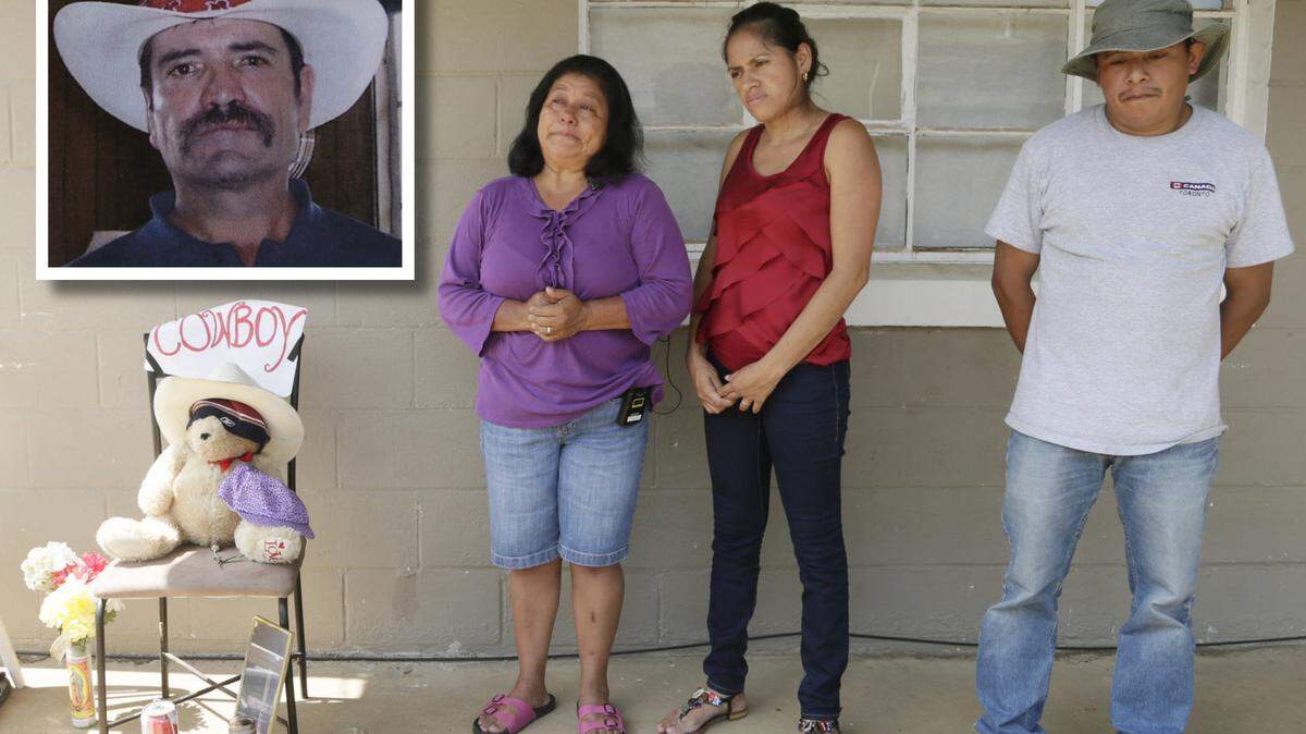 Maria Hidalgo, left, Karime Santos,center, and Ismar Gomez, (Hidalgo's husband) friends of Martiniano Pozos, inset, talked about losing their friend and neighbor near a memorial to him at their apartment complex on Michigan Avenue in in Lexington, Ky., on Aug. 31, 2015.  Lexington police arrested Jess E. Greathouse, 54, of Lexington in the hit-and-run death of Martiniano Pozos.