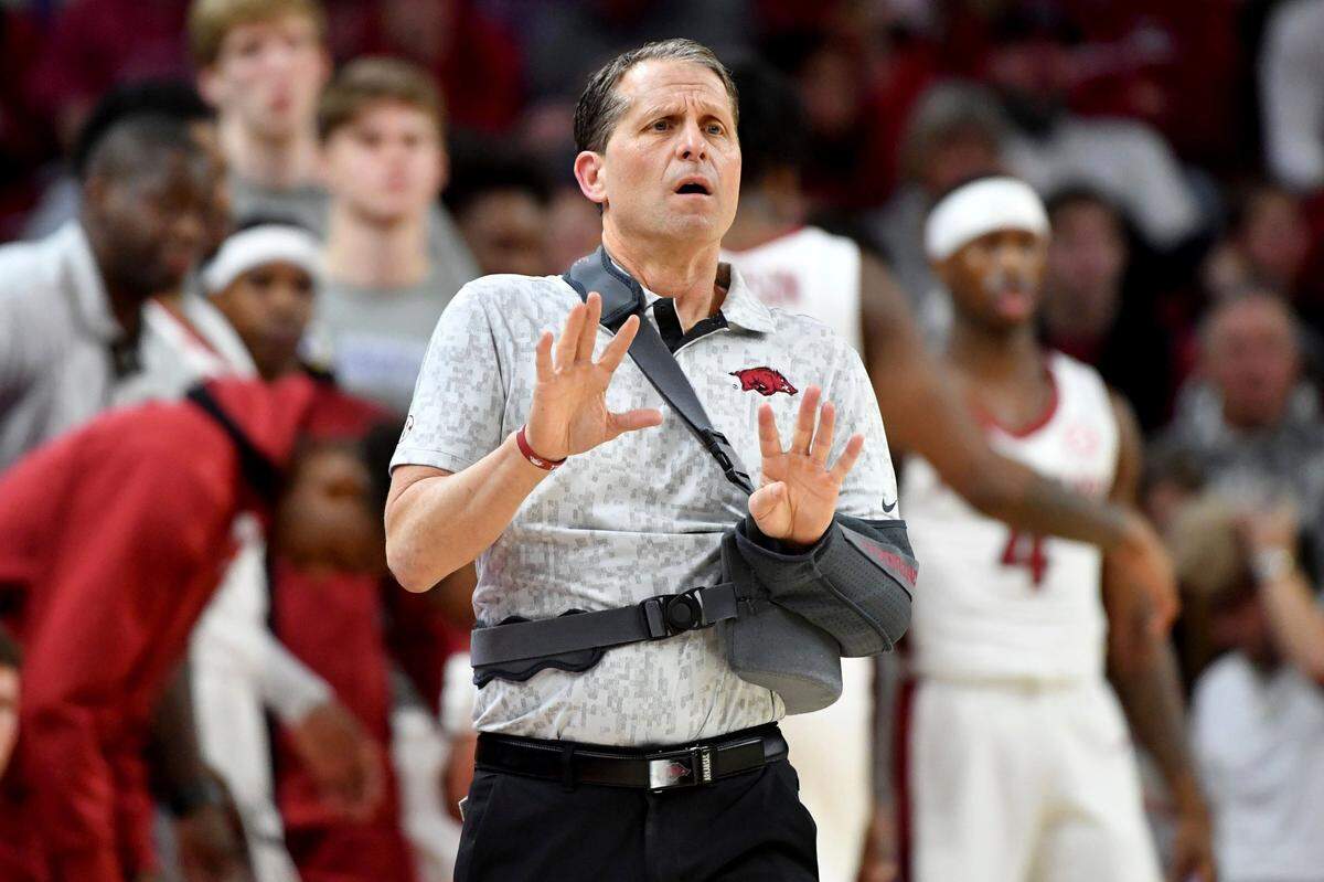 Arkansas coach Eric Musselman on the sidelines against Mississippi State during an NCAA college basketball game Saturday, Feb. 5, 2022, in Fayetteville, Ark. (AP Photo/Michael Woods)