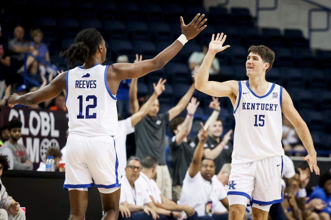 Antonio Reeves and Reed Sheppard celebrated during Kentucky’s win over Africa on Saturday at the GLOBL JAM in Toronto.