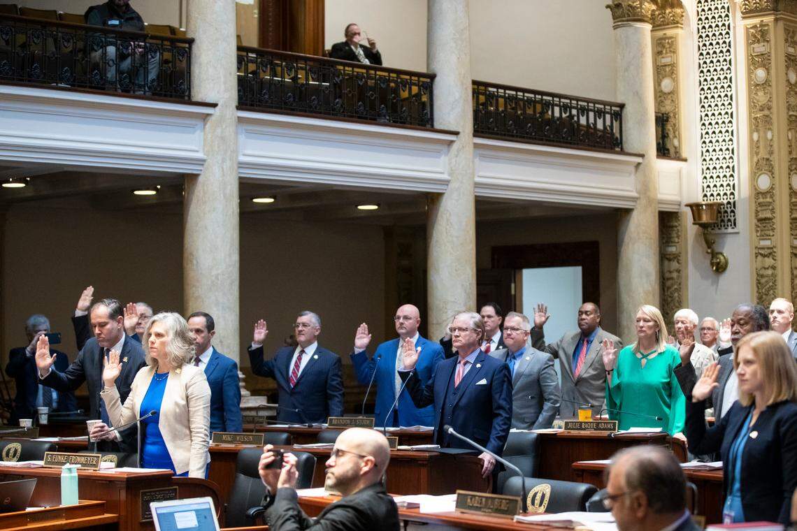 Members of the Kentucky Senate are sworn in before hearing articles of impeachment concerning former commonwealth attorney Ronnie Goldy during the last day of legislation at the Capitol in Frankfort, Ky., Thursday, March 30, 2022. The Senate unanimously sustained the impeachment of Goldy. 