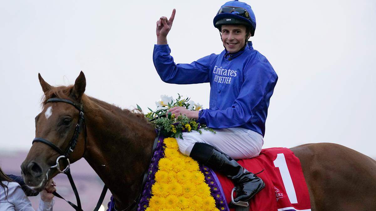 William Buick celebrated atop Modern Games after winning the Breeders’ Cup Juvenile Turf race at Del Mar on Friday.