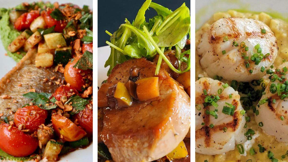 Lexington Restaurant Week specials from left, pan seared trout covered in corn consomme, garden herbs and lemon butter from Honeywood, pork tenderloin over roasted vegetable hash from District 7 Social Hall and grilled scallops from Bella Cafe and Grille.