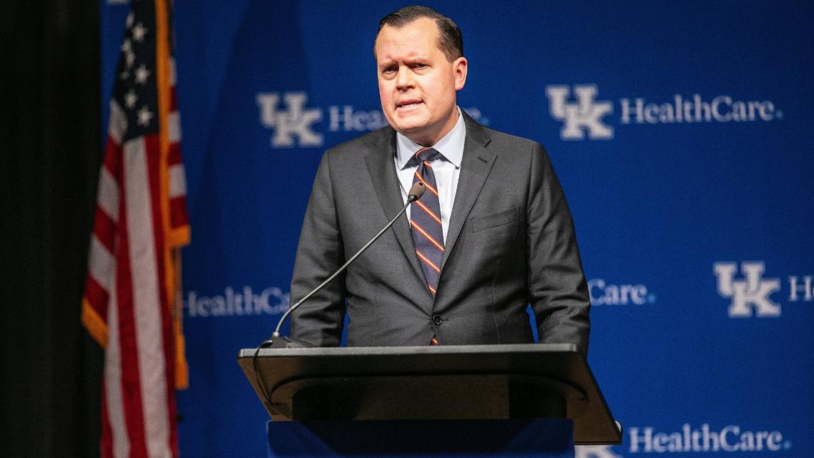 52nd Attorney General of Kentucky Russell Coleman holding a press conference addressing new state guidelines for legally classifying and prosecuting strangulation in the Karpf Auditorium of the Albert B. Chandler Hospital on January 15, 2025, Lexington, Ky.