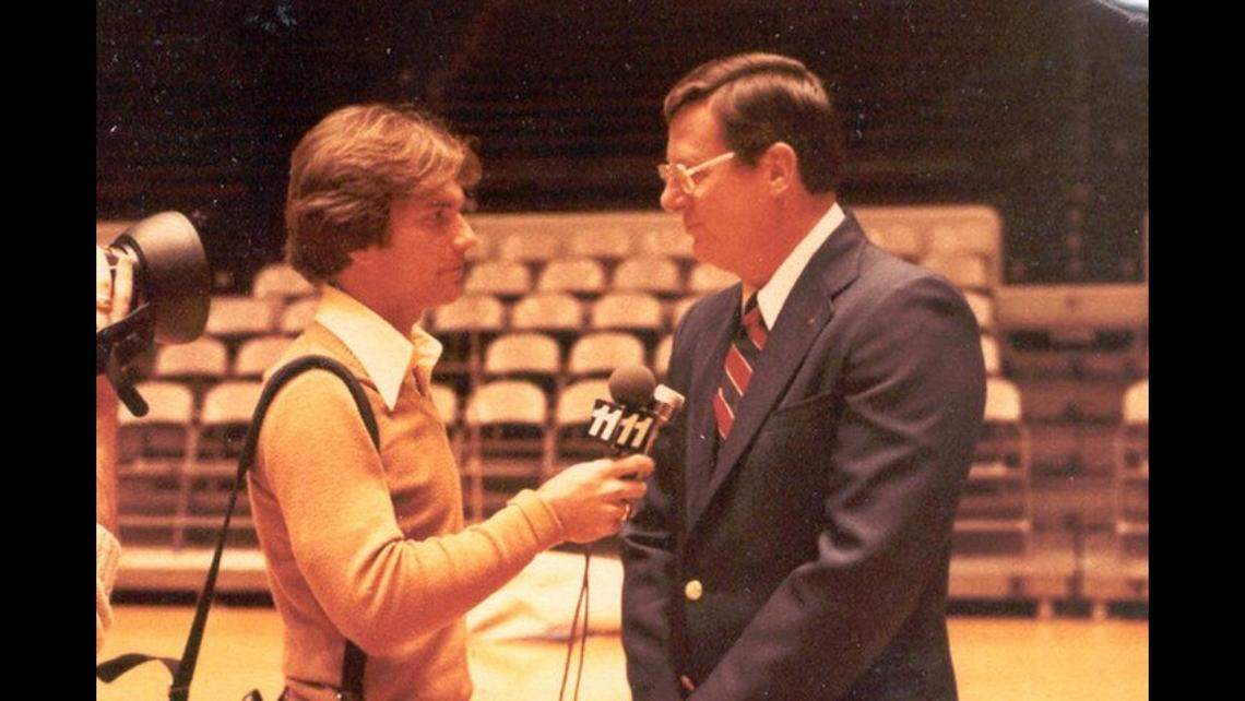 Paul Rogers, left, interviewed then-University of Kentucky men’s basketball coach Joe B. Hall in the 1970s.