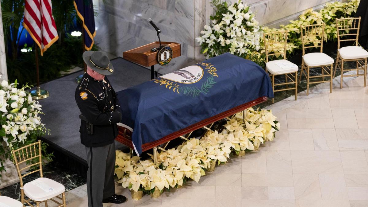 The casket of Gov. Julian Carroll lays in state in the Rotunda before a memorial service in Frankfort, Ky, Friday, December 15, 2023.
