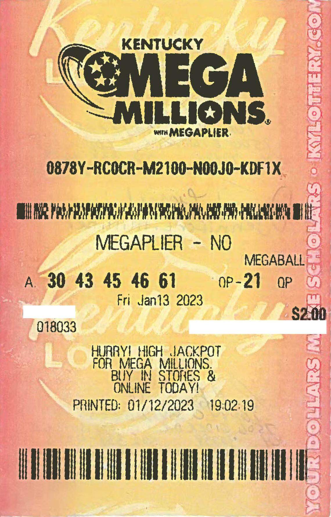 This ticket, purchased by two friends from a Louisville, Ky., gas station, secured $1 million during the Mega Millions Jan. 13, 2023, drawing.