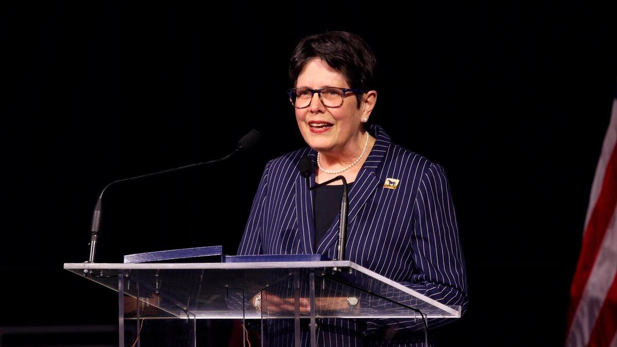 Linda Gorton makes her remarks on stage at University of Kentucky’s Gatton Student Center after her inauguration for her second term as Lexington’s Mayor, December 30, 2022.