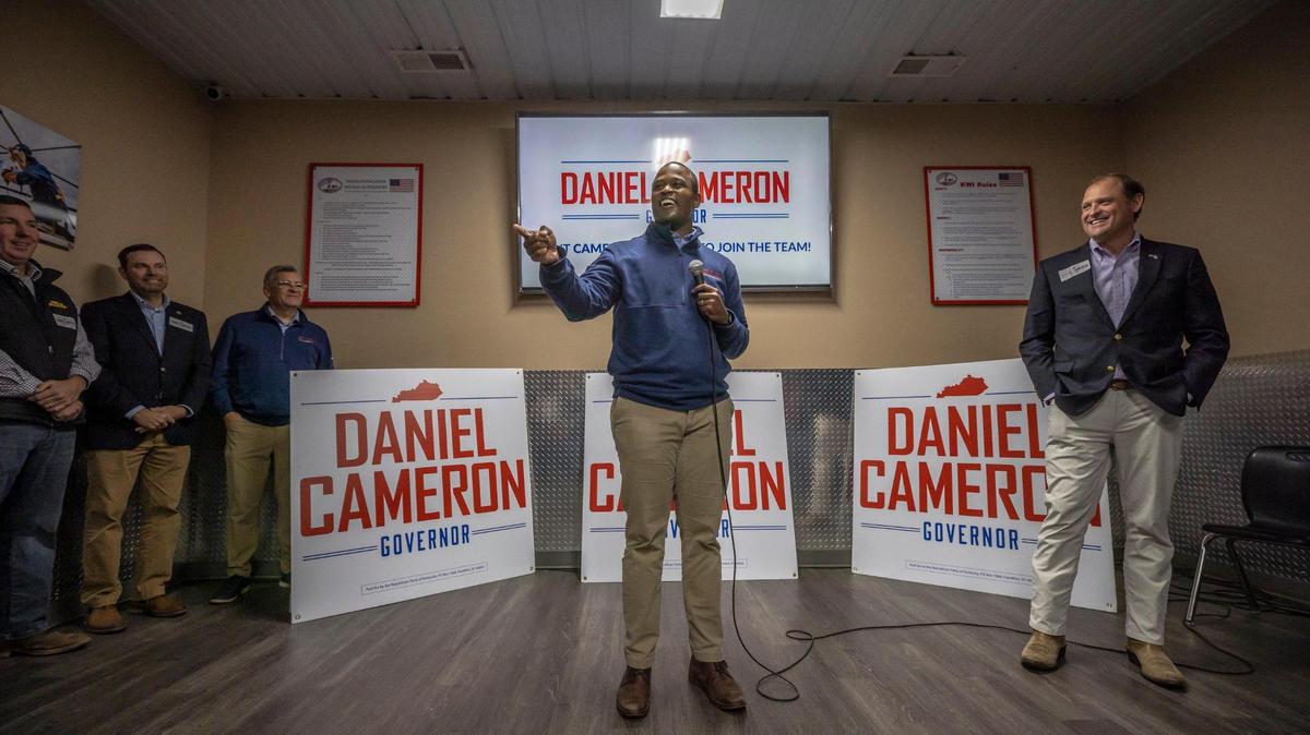 Kentucky Republican gubernatorial candidate and attorney general Daniel Cameron speaks during a campaign stop at the Kentucky Welding Institute in Flemingsburg, Ky., on Monday, Oct. 30, 2023.